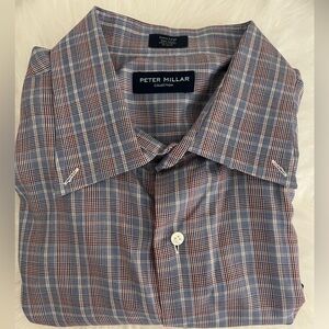 Peter Millar Blue Cotton Plaid Spread Collar Dress Shirt XL- Long Sleeve